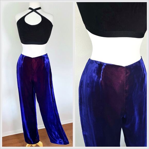 Vintage 90s / Y2K Purple Blue Velvet Pants Iridescent Straight // Size Medium 10 - Picture 1 of 6